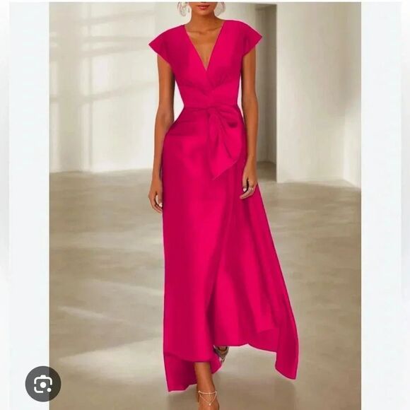 NWT FEHAUTE rose red pink Cap Sleeve v neck Satin A-Line Maxi wrap Dress sz 10 - Picture 3 of 13